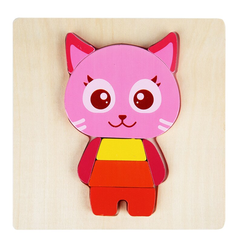 Baby Toys Wooden 3D Puzzle Cartoon Animal Intelligence Kids Early Educational Brain Teaser Children Learning Jigsaw Toys: Cat