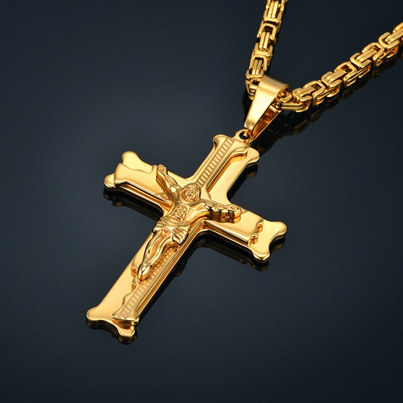 Stainless Steel Big Jesus Cross Pendant With Long Chain Men&#39;s Gold Color Crucifix Necklaces Male Religious Jewelry