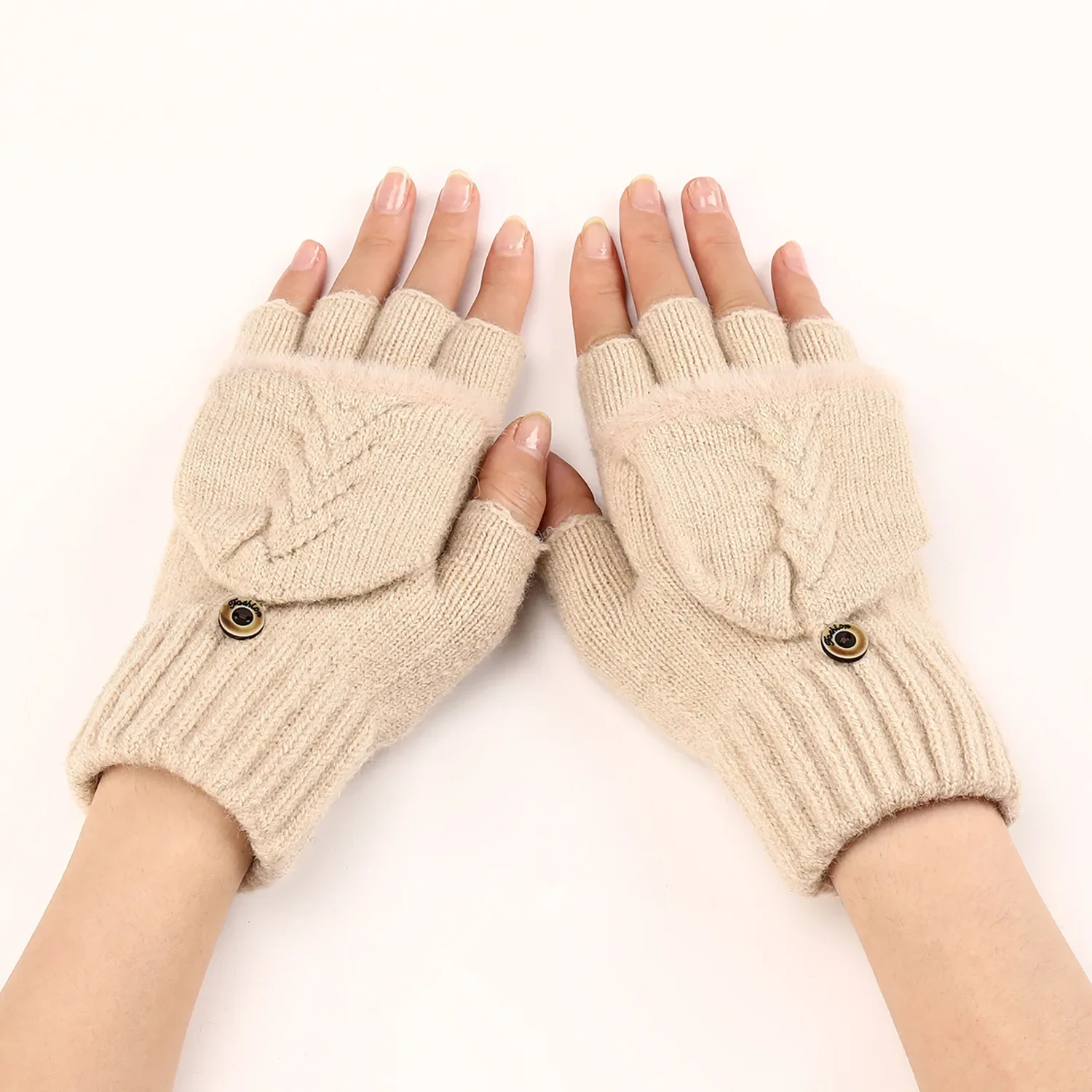 Gants en laine sans doigts pour femmes, tricotés, sans doigts exposés, épais, mitaines chaudes et épaisses pour l'hiver: Beige