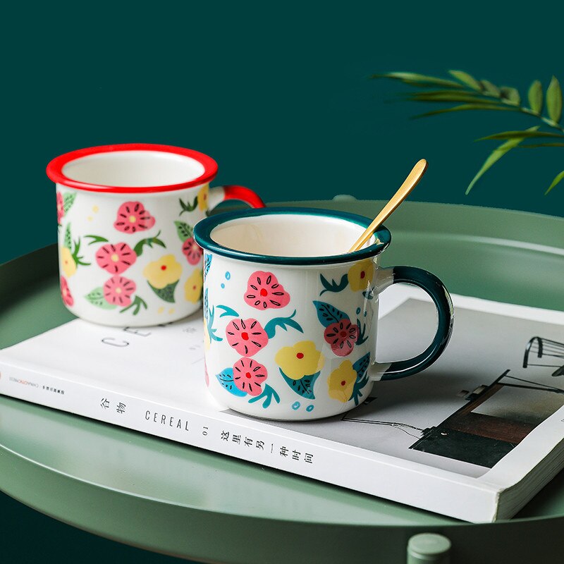 Nordic Ceramic Retro Coffee Mug Simple Small Flower Office Teacups Imitation Enamel Milk Juice Cup Household Drinkware