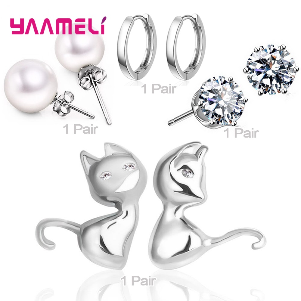 Trendy Vrouwen Oorbellen Echt 925 Sterling Zilver Natuurlijke Kristal Parel Party Accessoires 4 Paar Gemengde Sieraden
