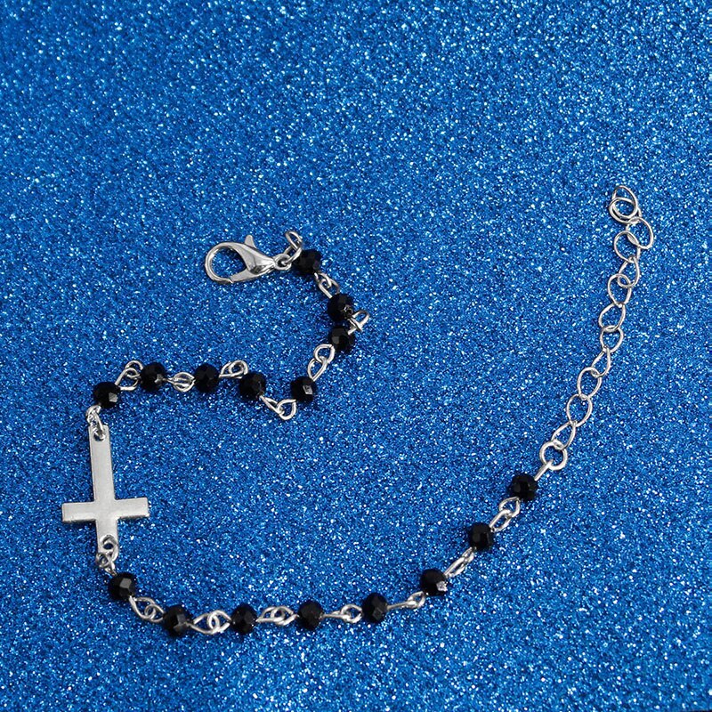 Neue Rosenkranz Stil Seitlich Kreuz Armbinde Schwarz Onyx und Beades Gold oder Kette Armbänder für Frauen Mädchen: silber-