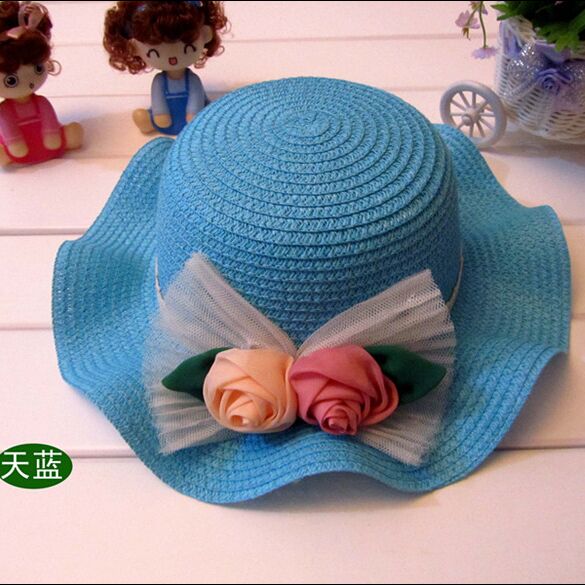 Sun Hats For Girl Summer Children Flouncy Straw Hat Two Roses Bud Silk Caps: Sky Blue