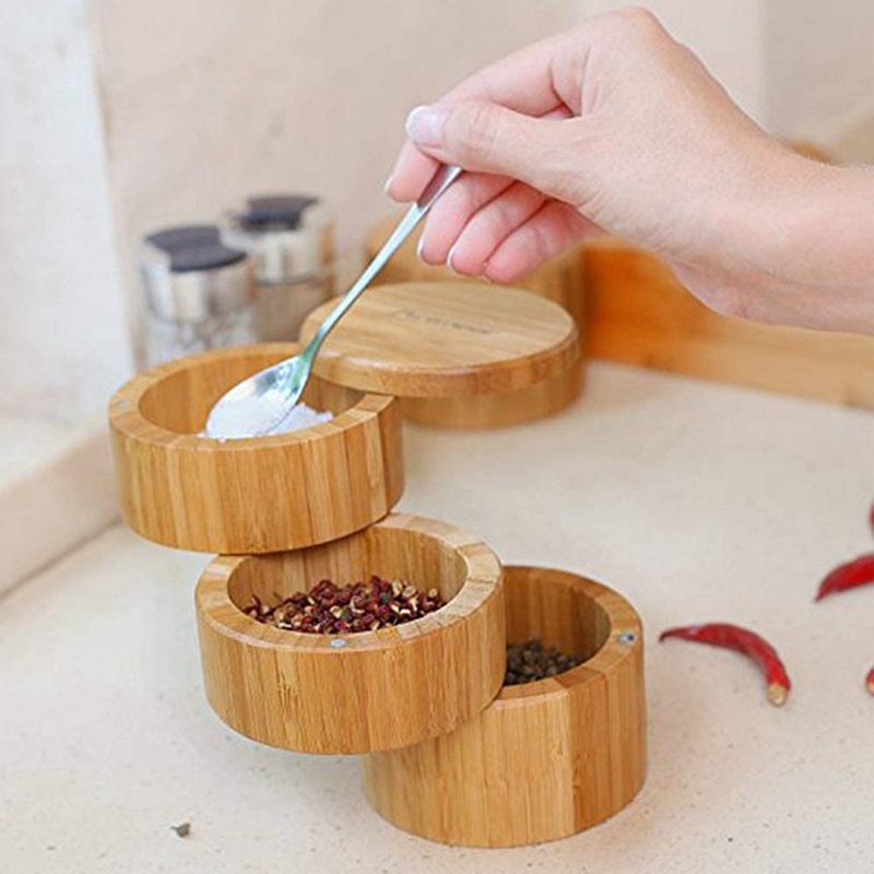 Bamboo Triple Salt Box,Wood Box,3-Tier Round Bamboo Box for Salt or Spice with Magnetic Swivel Lid Spice Storage Box