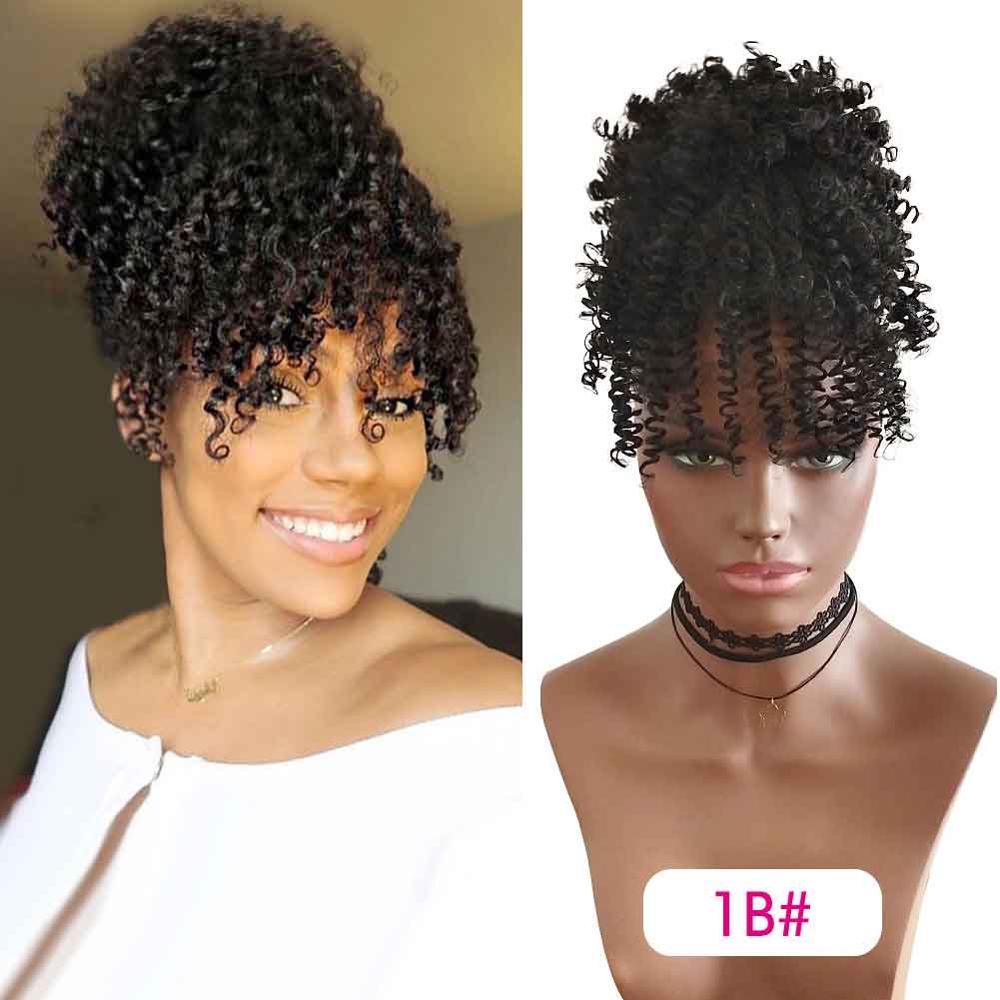 Hestehale puffeklip med højt hår i hårstykke afro kinky krøllet syntetisk snørehestehale med pandehår extensions: 1b