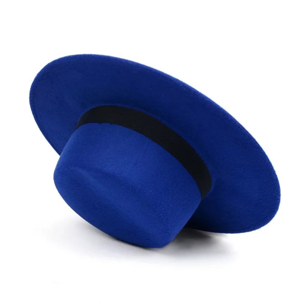 Klassisk ensfarvet filt fedoras hat bælte til mænd kvinder blanding jazz kasket bred skygge enkel kirke derby flad top hat mujer