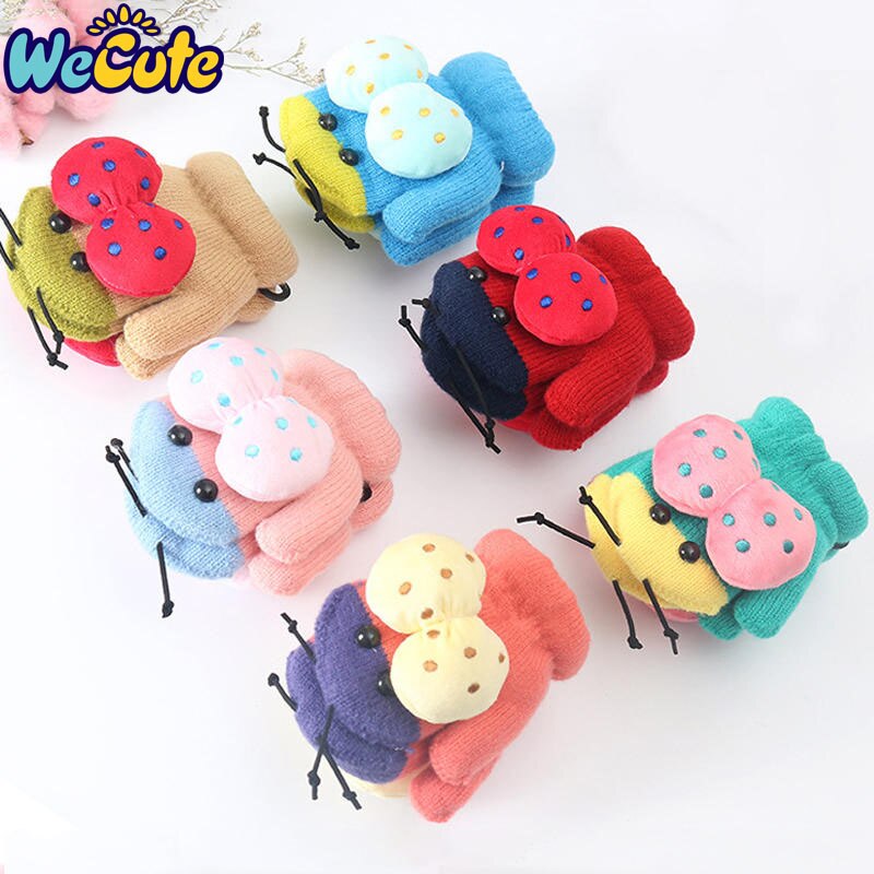 Wecute Forma Dos Desenhos Animados Joaninha Bonito Bebê Infantil Luvas de Inverno Crianças Luvas De Malha Saco Refere-se Ao Pescoço Pendurado Luvas Duplas para 3-6Y