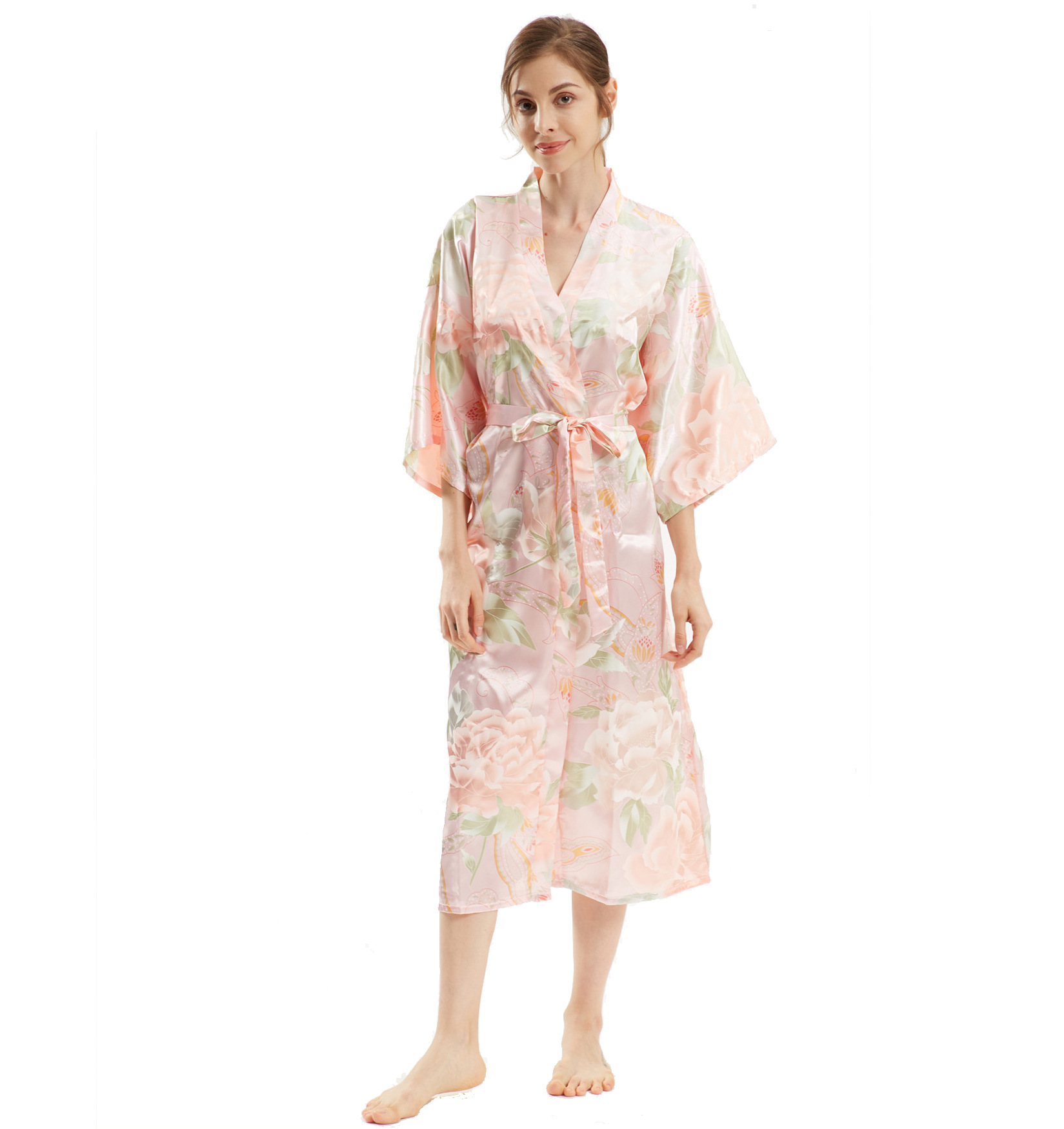 Sexy Bride Bridesmaid Wedding Dressing Woman Kimono Flower Print Satin Silk Yukata Bathing Robe: black