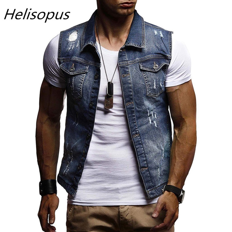 Helisopus automne et hiver manteau en Denim pour hommes classique trou de lavage gilet hommes décontracté sans manches col rabattu gilet