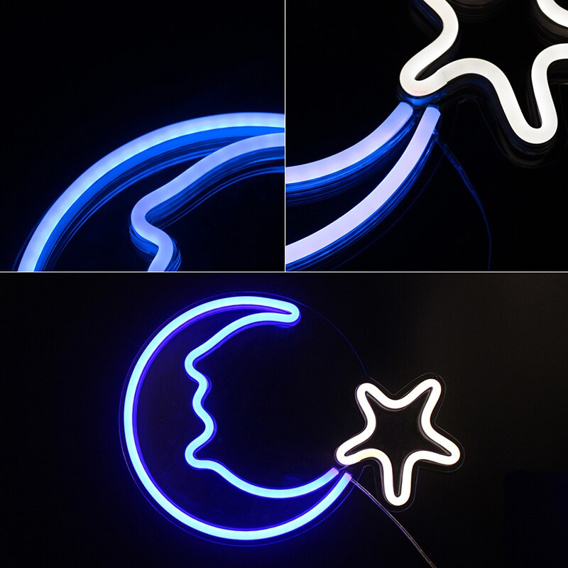 Wanxing Decorative Moon Star Neon Signs Blue Neon Light Sign Wall Art Decor for Kids Bedroom Home Decoration Birthday Party Xmas