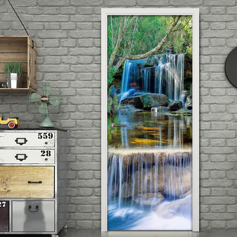 Waterfall Scenery Door Sticker Waterproof Self-Adhesive Wallpaper Wall Decals Living Room Bedroom Door Decoration Mural Stickers