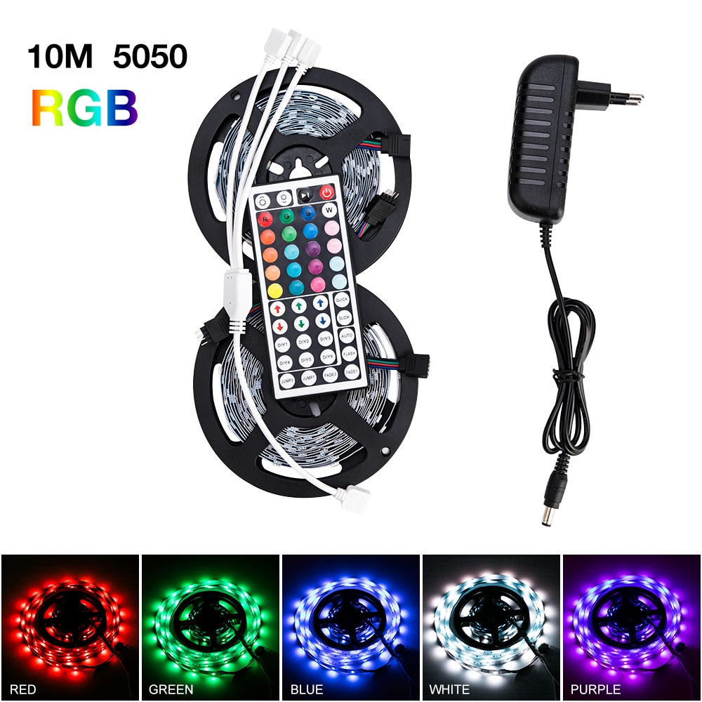 Led Strip Licht Rgb 5050 Smd 2835 Flexibele Lint Fita Led Light Strip Rgb 5M 10M 15M tape Diode Dc 12V + Afstandsbediening + Adapter