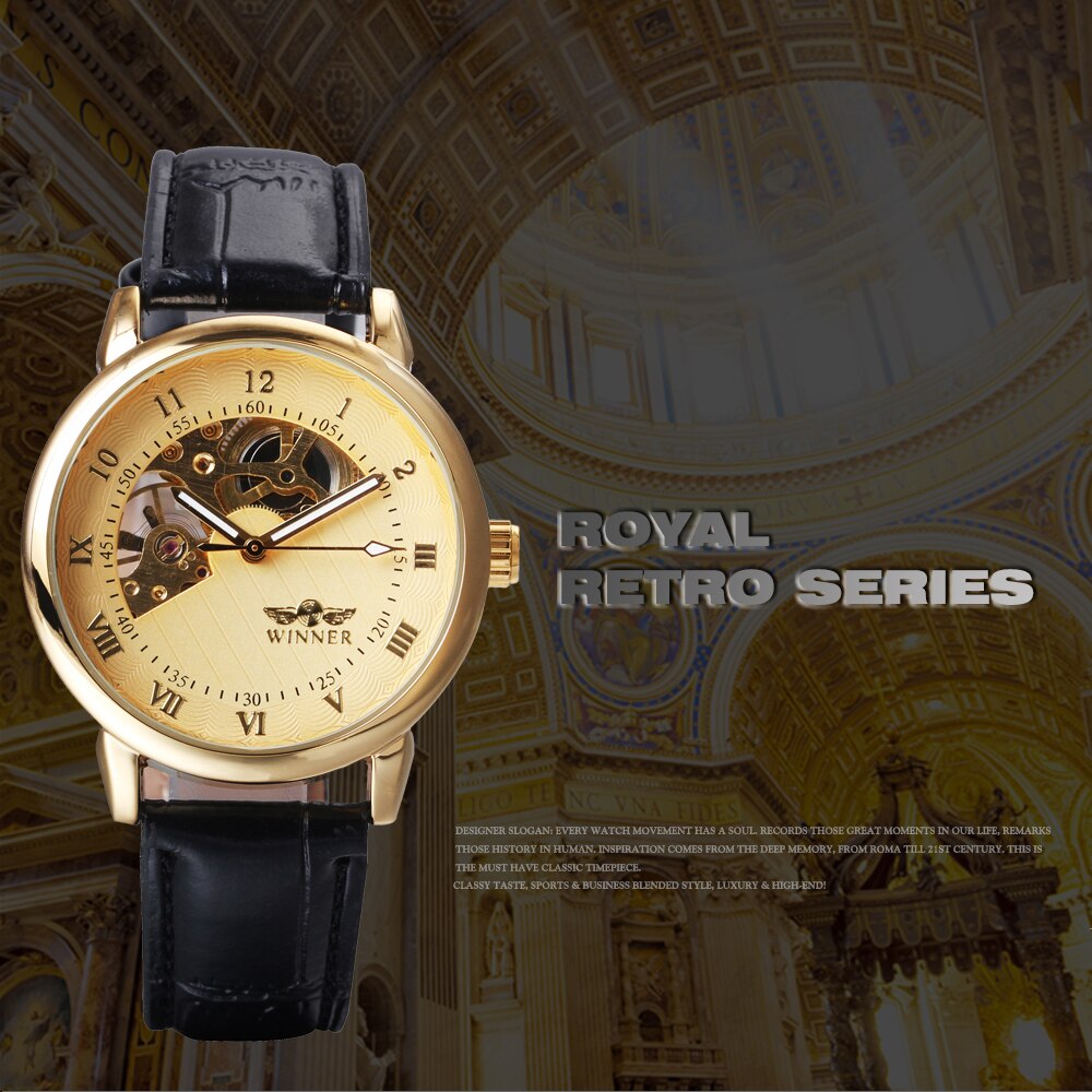 Luxe Gold Mechanical Hand Wind Horloges Mannen Lederen Band Mechanische Horloges Mannen Goedkope Prijs Montre Homme