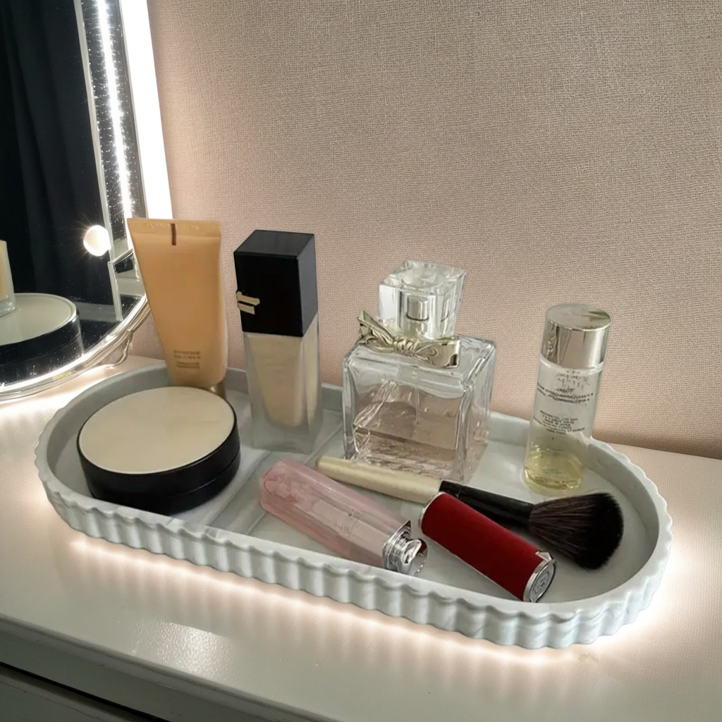 1 paquete de bandeja de almacenamiento ovalada para tocador, bandeja dispensadora de jabón para encimera, bandeja de silicona para encimera de baño, bandeja de almacenamiento de champú y perfume desinfectante para manos, bandeja de exhibición de joyería para accesorios diarios y almacenamiento decorativo