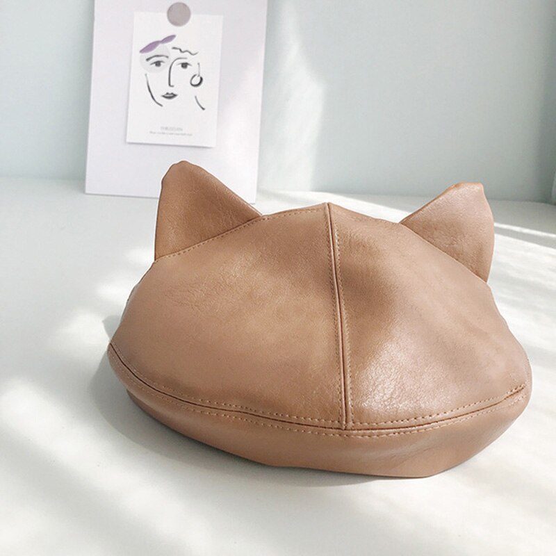 ¡Novedad de ! boina bonita femenina de lana con orejas de gato de cuero PU, gorro de pintor a la adecuado para chica dulce BLM32: Caqui