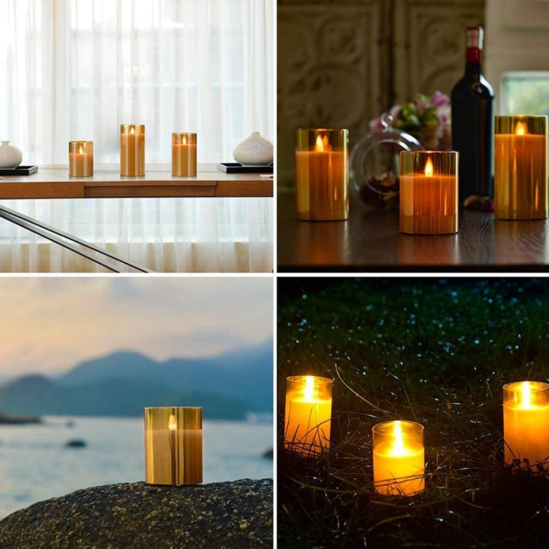 Amber Glass LED Flameless Candles Flickering with Remote,Battery Operated,For Wedding,Festival Decorations,3 Pack