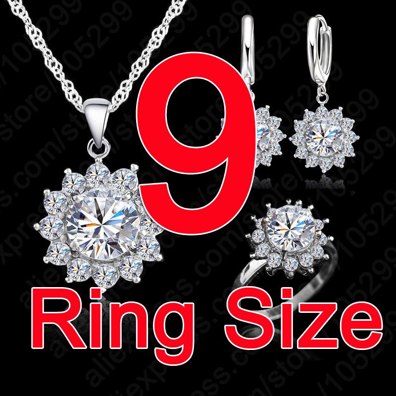 Flower Sun Cubic Zirconia Newest Genuine Silver Jewelry Sets Earrings Pendant Necklace Rings Size6-9: Size 9