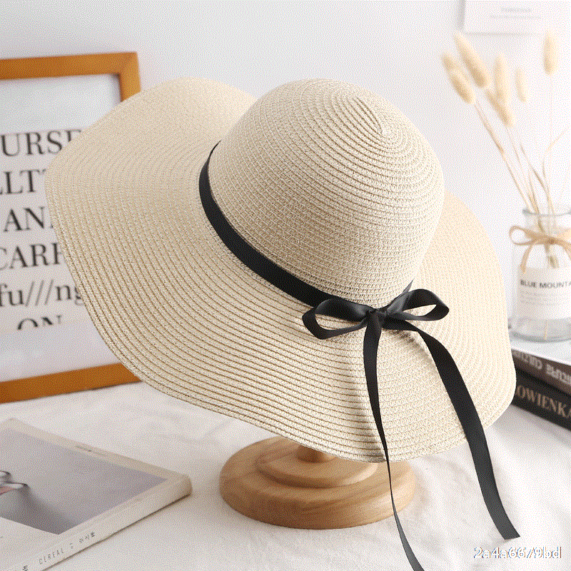 GOUTER-chapeau d'été résistant au soleil pour femmes, chapeau en paille pliable Portable à large bord, ruban de fête sur la plage, chapeau à nœud papillon: khaki
