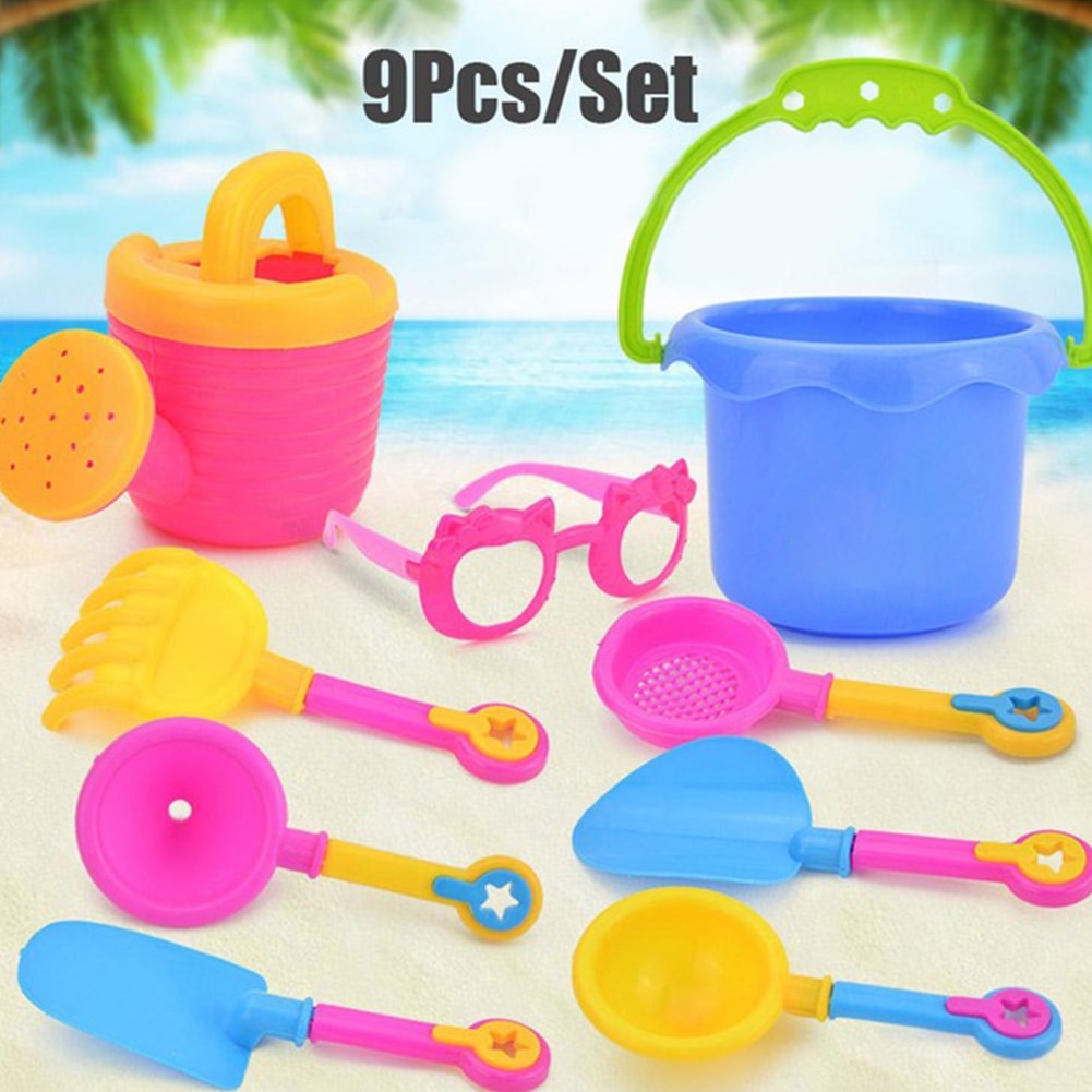 9 stks/set Seaside Trechter Bril Strand Zand Spelen Water Niet giftig Simulatie Plastic Schop Emmer Waterkoker Speelgoed Set Willekeurige kleur