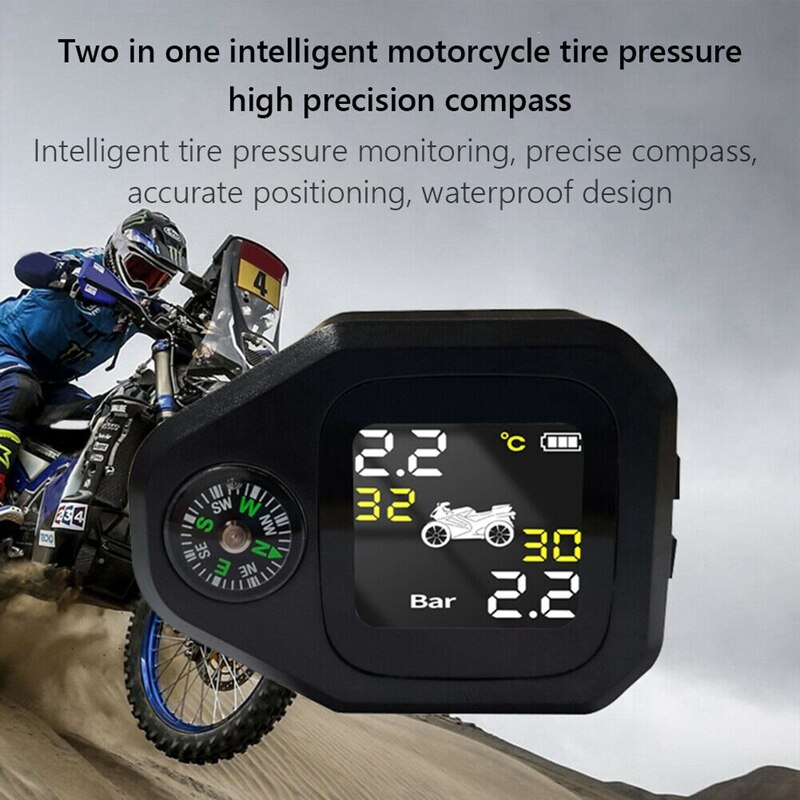 USB Solar Charging Motorcycle TPMS with Compass Tire Pressure Temperature Monitor Alarm System with 2 External Sensors
