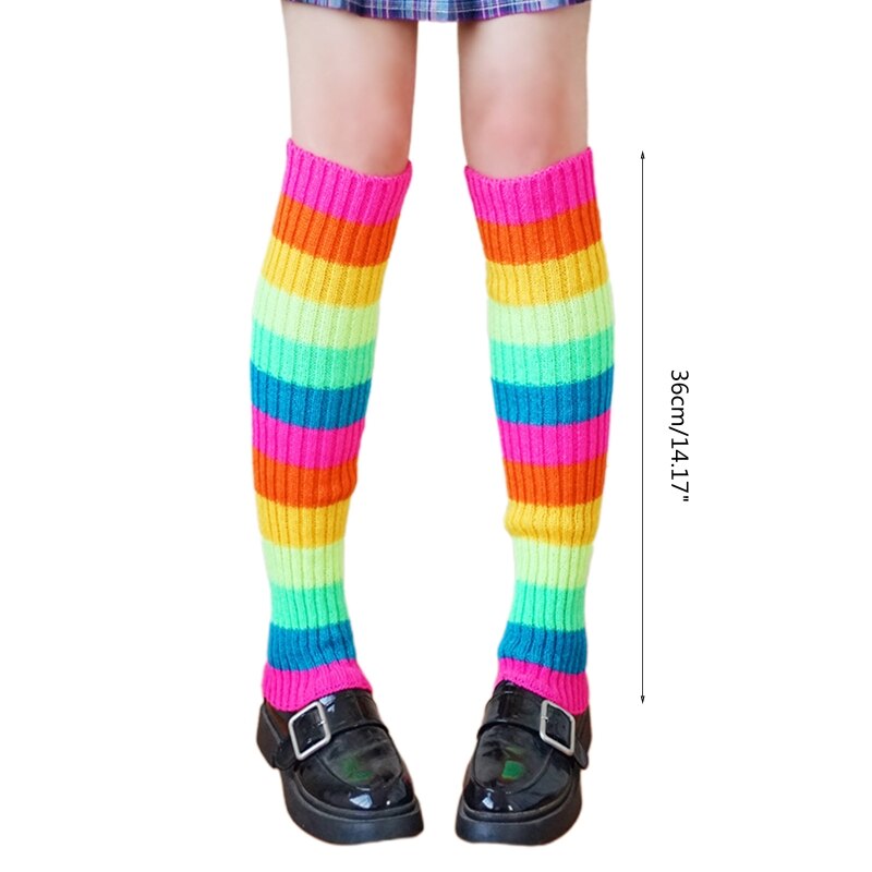 Vrouwen 80S Retro Party Geribbelde Gebreide Beenwarmers Neon Rainbow Gestreepte Dans Sokken M6CD
