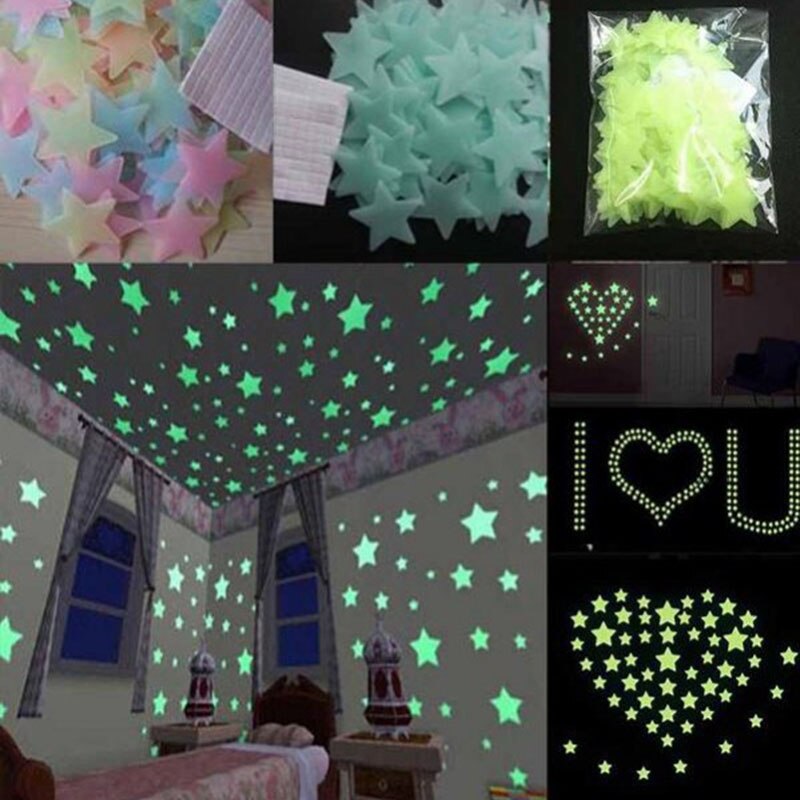 100Pcs 3D Stars In The Dark Glow Wall Stickers Children's Glow Fluorescent Wall Stickers Home Decoration Bedroom Ceil Decoration