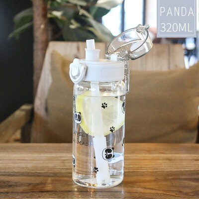 Søde frugter glas vandflaske sød tegneserie hoppende omslag glas kop bærbar lækagesikker drikkeflaske med halm: Panda