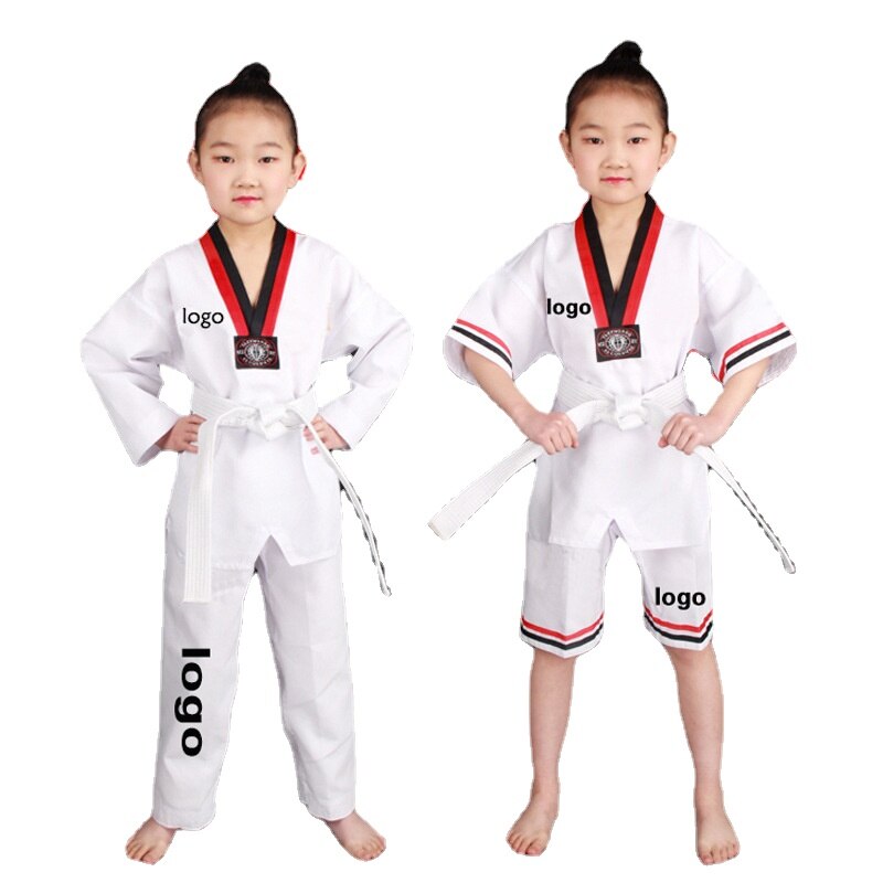 Uniformes de Taekwondo WTF para niños, Blanca para ropa de entrenamiento Karate, Judo, Taekwondo, Dobok, manga corta y larga, Unisex