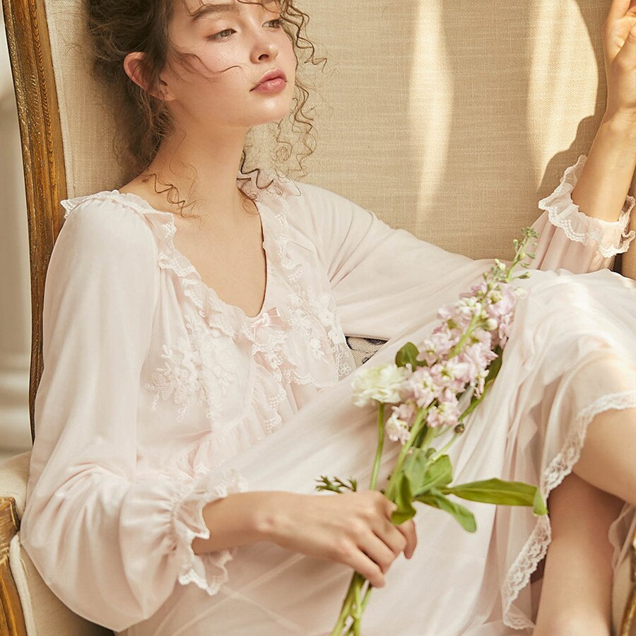 Broderi blondegaze lange natkjoler til kvinder lange ærmer vintage nattøj kongelig løs natkjole efterår forår
