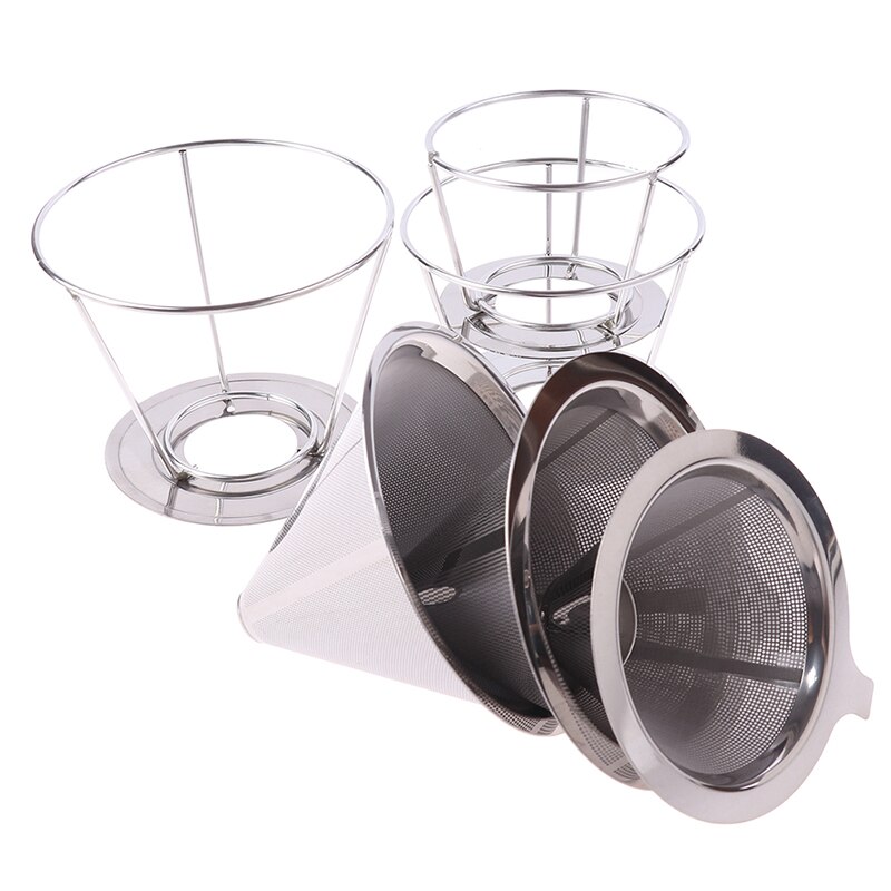 Double Layer Drip Coffee Filter Stainless Steel Reusable Cone Funnel Strainer Coffe Filter Holder