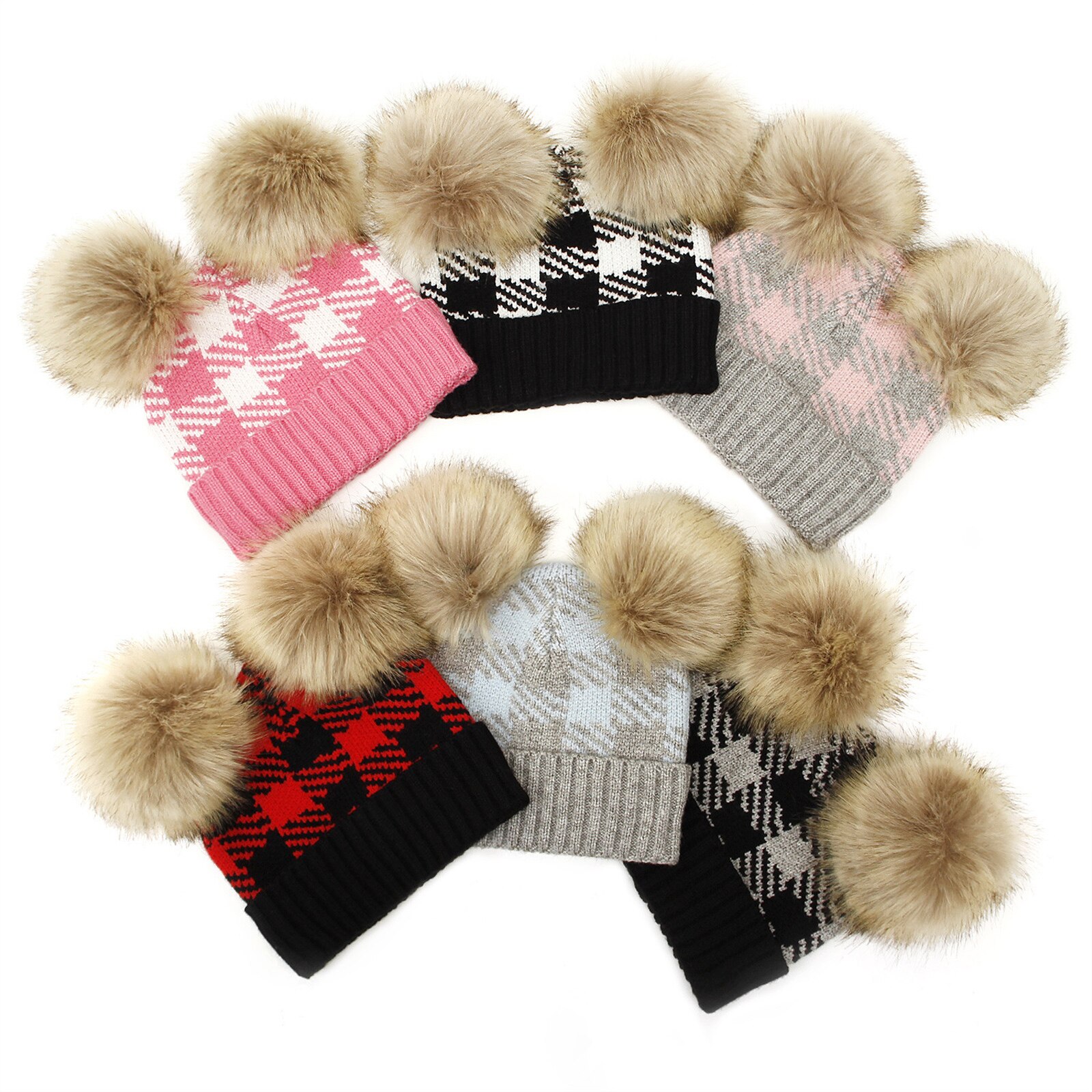 Baby Pet Met Decoratieve Pluche Ballen Plaid Gedrukt Patroon Warme Hoed Voor Winter/Herfst 0-2 Jaar