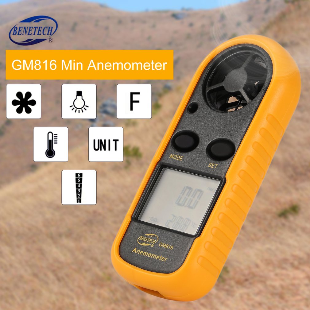 Bbenetech  gm816 digitalt anemometer vindmåler termometer lufthastighed luftstrømstemperatur vindhastighedsmåler med lcd-baggrundslys
