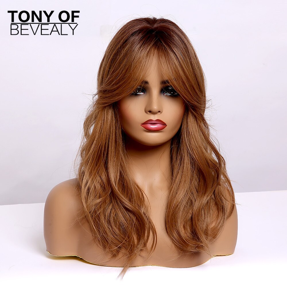 Medium Length Synthetic Wigs for Women Brown Wavy Natural Hair Wigs With Bangs Cute Cosplay Party Wigs Heat Resistant Fiber