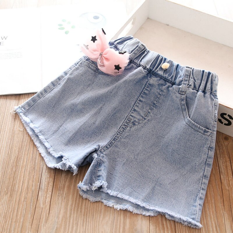 Primavera/estate 2022 pantaloncini di jeans con fiocco per ragazze abbigliamento per bambini all'ingrosso: pink bow