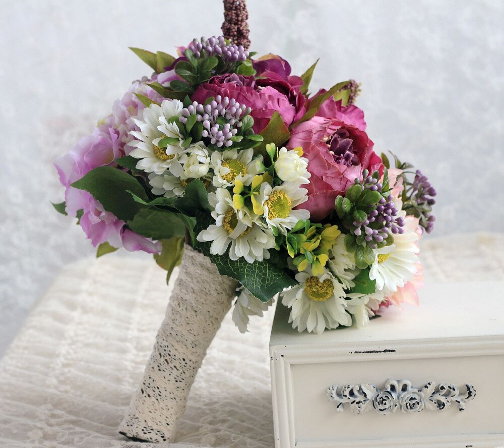 SexeMara Purple Bride Wedding Bouquet Silk Flowers with Ribbon Handmade Bridal Bouquets Ramos