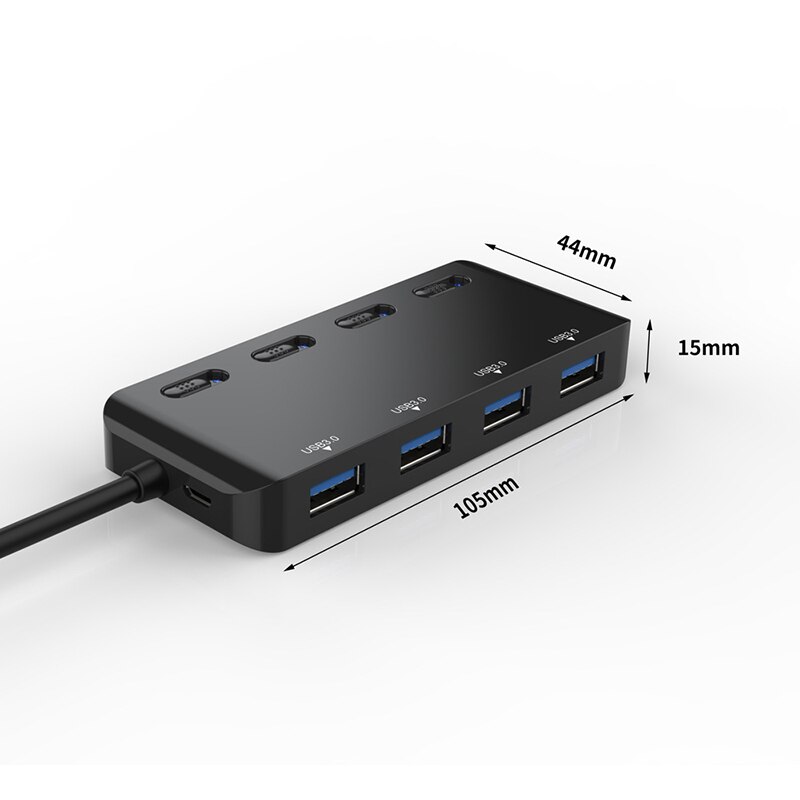 Divisor de concentrador USB 3,0 tipo C 3,0, extensor USB de 4 puertos, Hub de datos ultradelgado con interruptor de alimentación Individual y LED