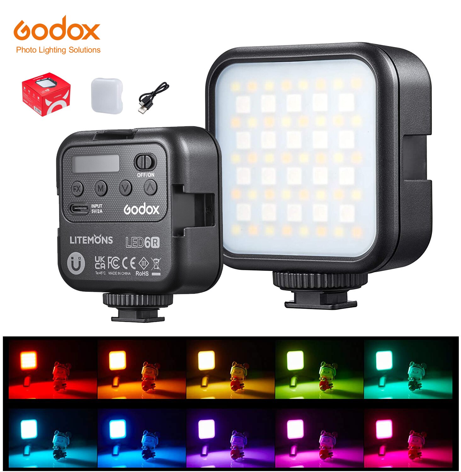 Godox LED 6R RGB Video Licht, dimmbar 0-360 Voll Farbe 3200K-6500K 13 FX Effekte Gebaut-in 1800mAh Li-Ion batterie für Video Licht