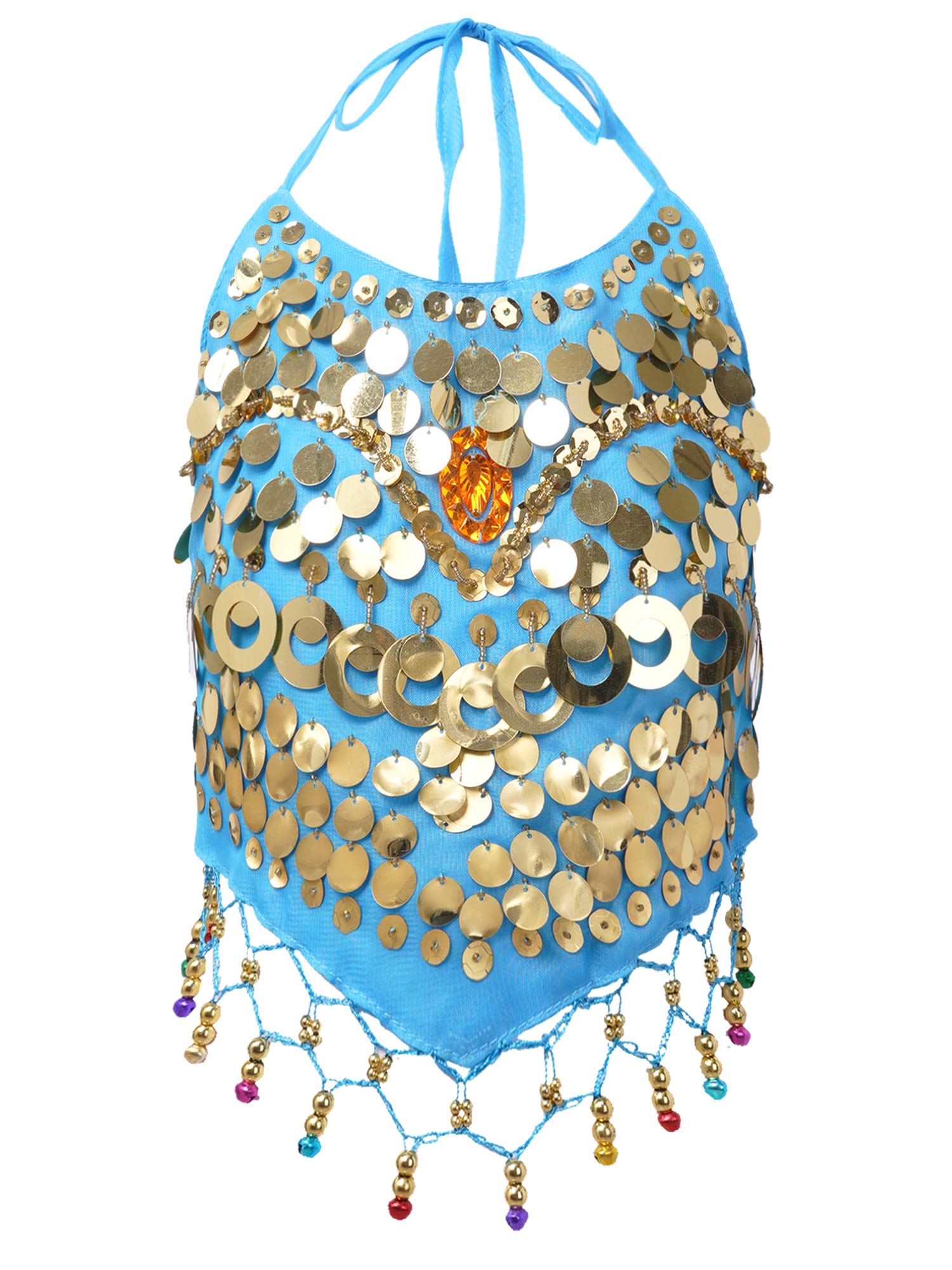 Abbigliamento per danza del ventre per bambini Kid Girls senza maniche allacciato Halter Backless paillettes campane nappa Decor Crop Top per danza del ventre: Blue
