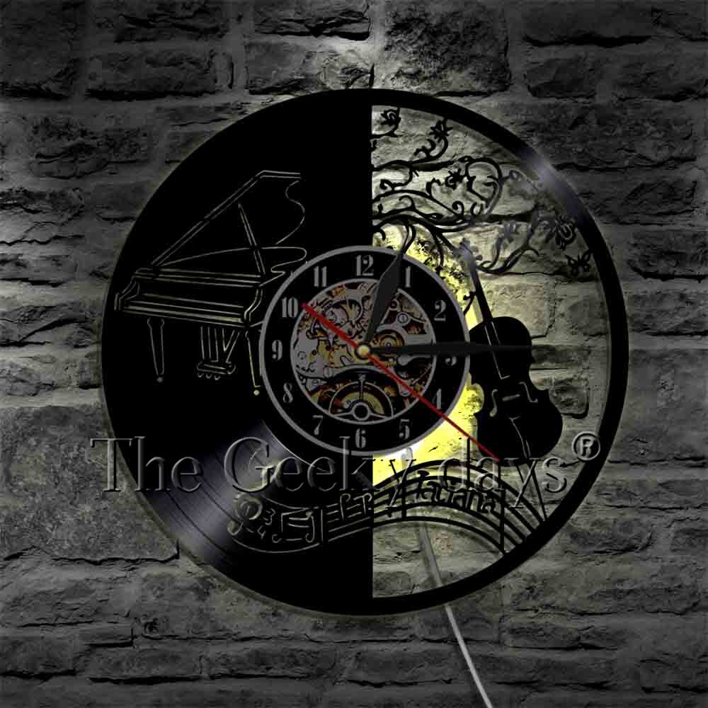 1Piece Music Instrument Vinyl Record Wall Clock Violin Piano LED Hanging Watch Time Clock Modern Music Wall Art Home Decorative