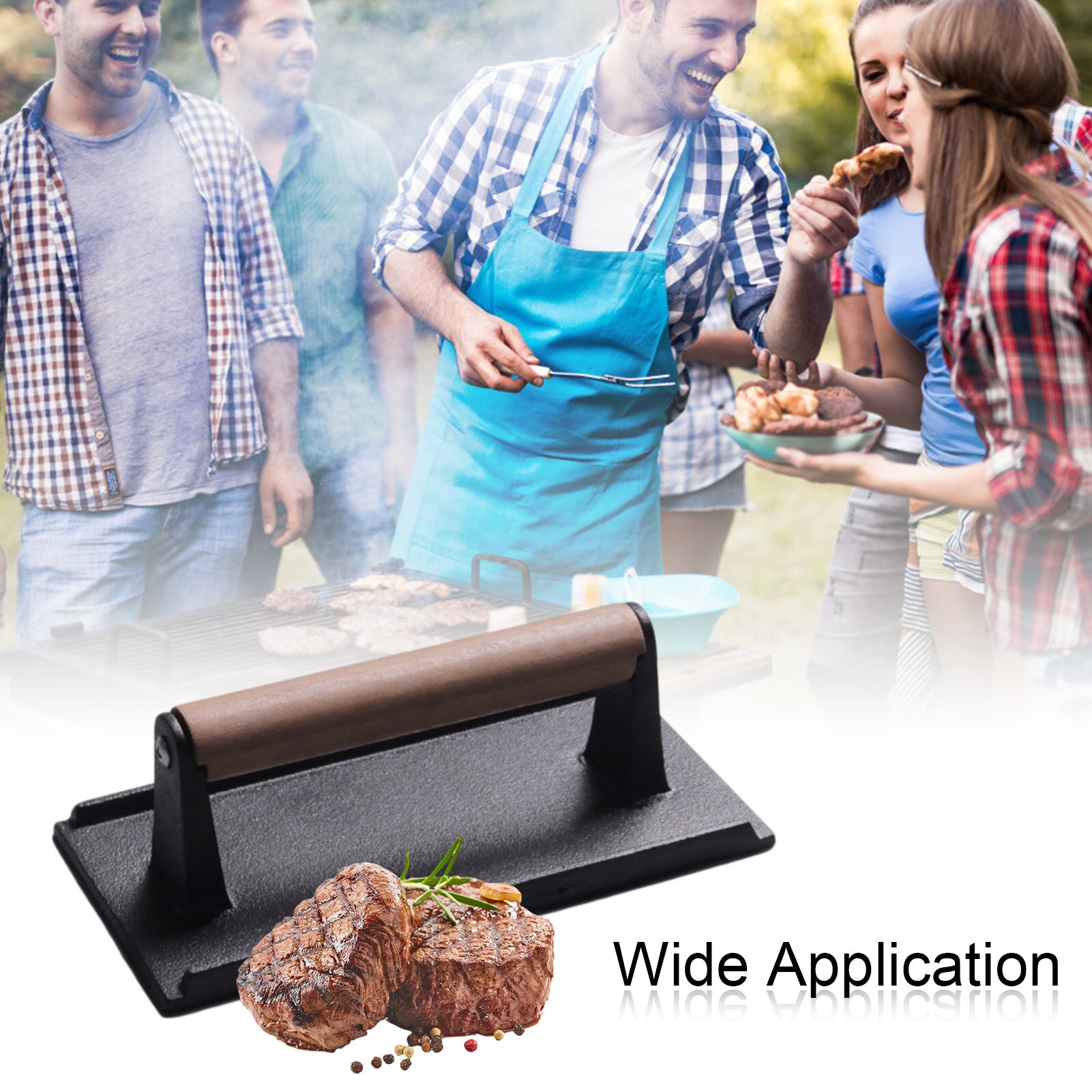 Kitchen Heavy Cast Flat Iron Steak Weight/Bacon Press with Wooden Handle, Heavy-Weight Grill Press Commercial Grade Burger