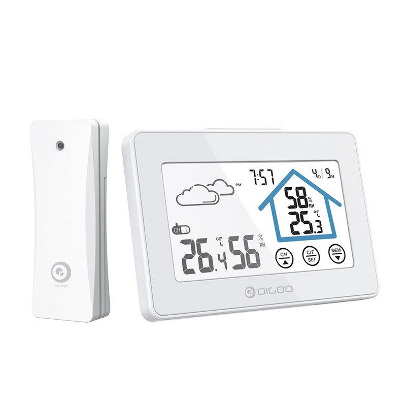 Digoo dg -th8380 berøringsskærm vejrstation dagligt ur alarm termometer hygrometer udendørs indendørs fugtighedstemperaturføler: Default Title