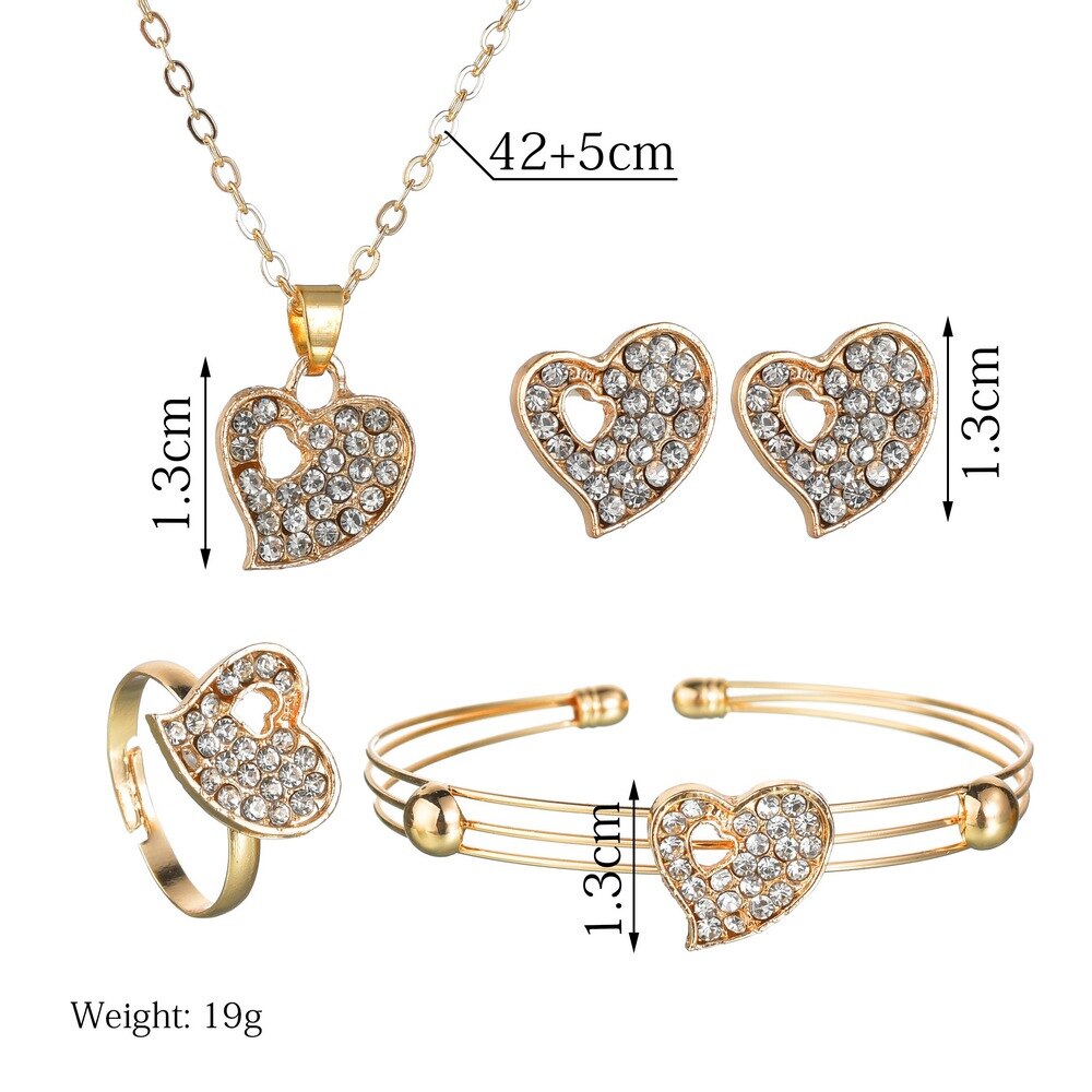 Terreau Kathy 4 stuks Leuke Hartvormige Neclace Oorbellen Sets Sieraden Kristal Kid Kinderen Mooie Goud Kleur Sieraden Sets voor meisje