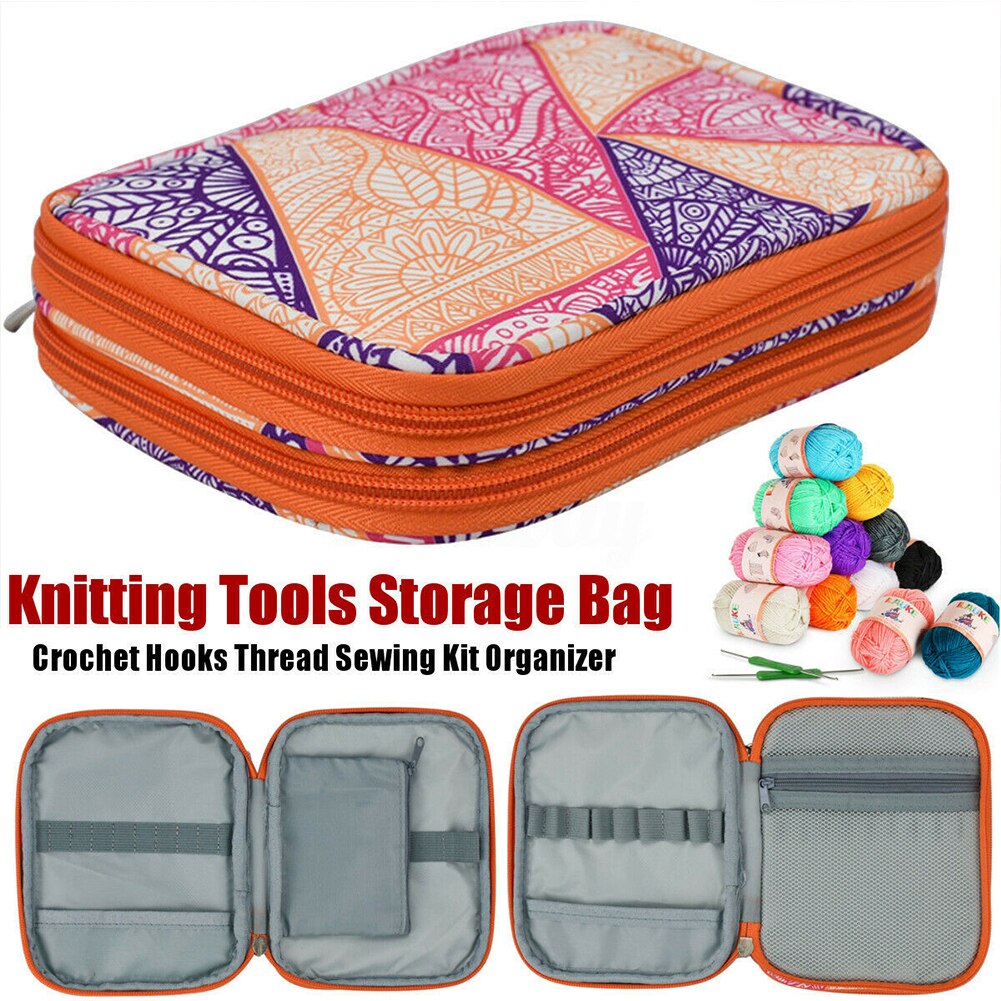 Accessory Rectangle Storage Case Travel Knitting Tool Organizer Sewing Carrying Double Layer Compartments Crochet Hook Bag