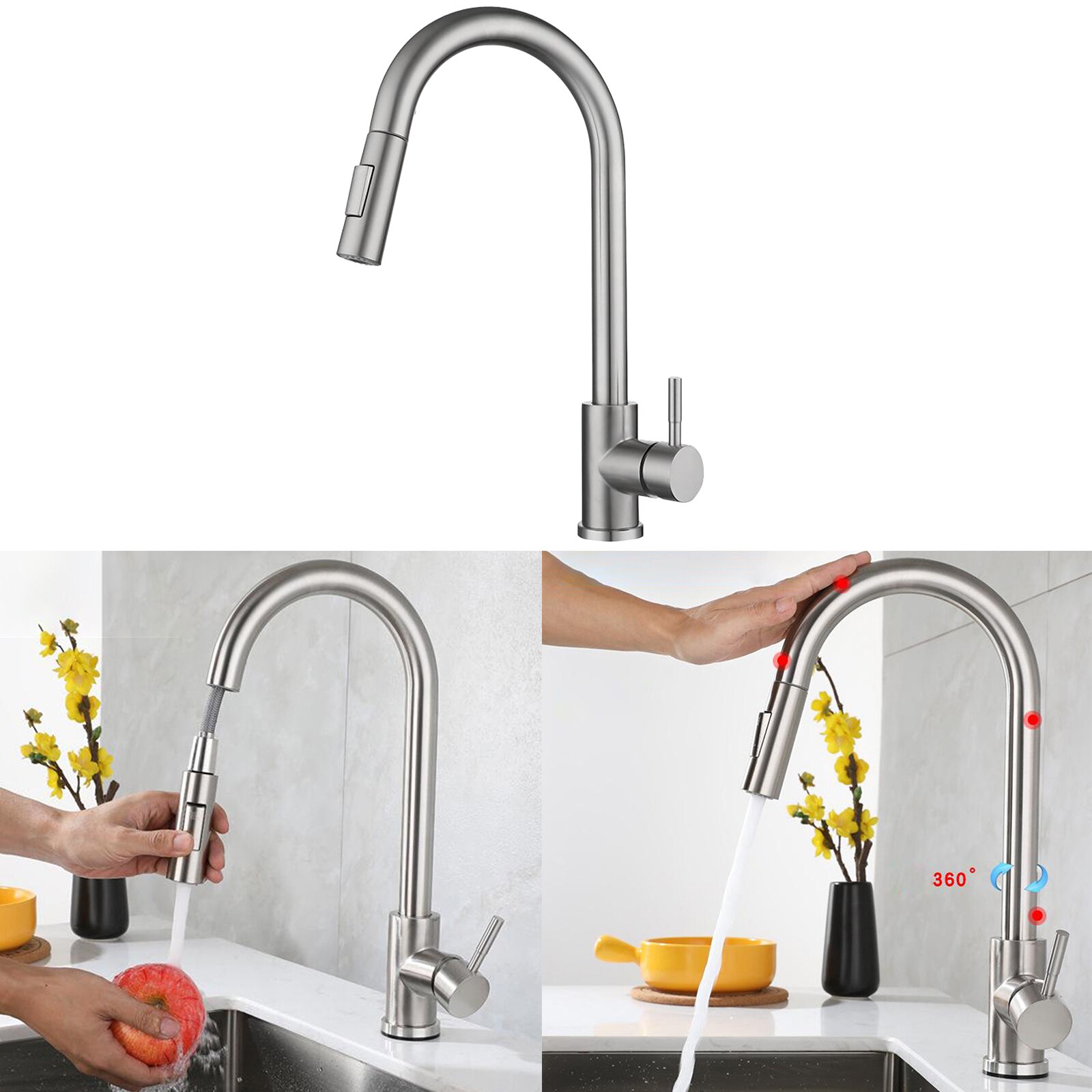 Smart Touch On Kitchen Faucet Sensor 360 Rotation Pull Out Single Handle Mixer Tap Two Water Modes Sink Crane Cold: Silver