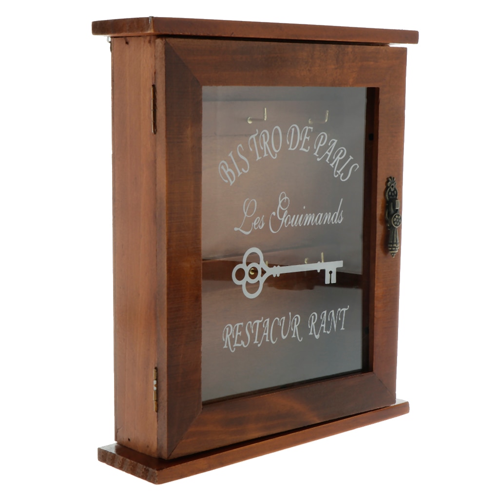 Pastoral Style Key Cabinet Wooden Key Holder Box Wall Mounted Decorative Key Rack with 6 Hooks for Home Office 21x6x25cm.