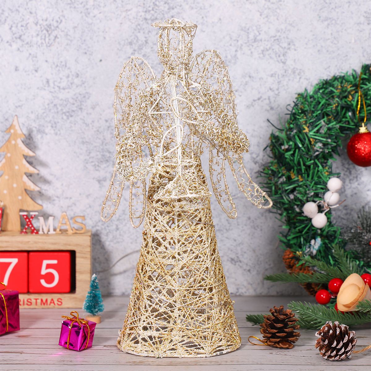 Jul engeltræetop gyldent juletræ topper batteridrevet charmerende engeltræ topper jul xmas træetop ornament