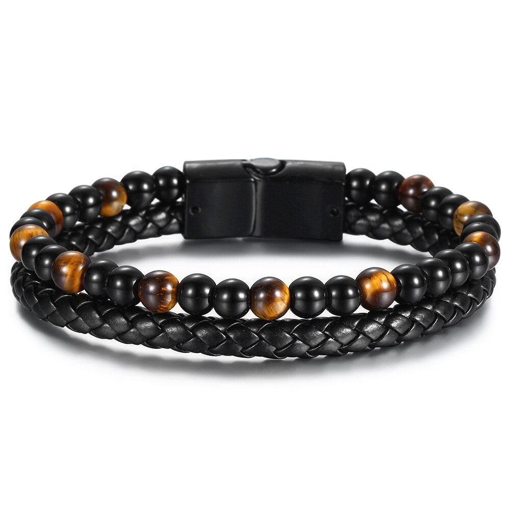 Doppel Layered Perlen Armband Gelb Tiger Auge Glas Perle Schwarz Leder Armreif Magnetische für Ihn Männlichen Schmuck DLB194: Default Title