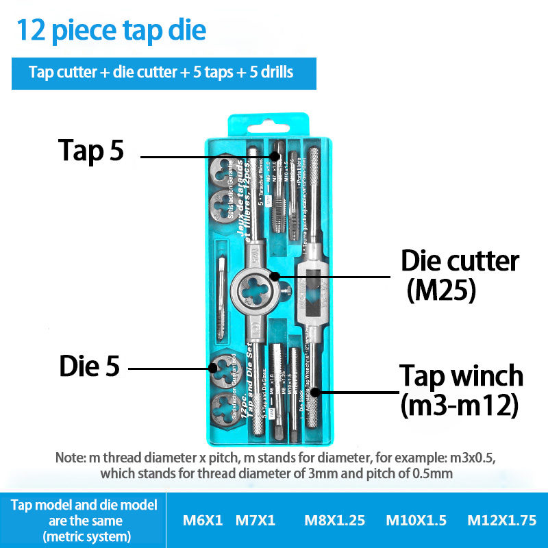 Multi-Use System Tap And Die Combo Hand Tap Wrench Die Setter Set Suit Tapping Threading Tool Fast Tapping Speed Fine Thread: 12 combination tap