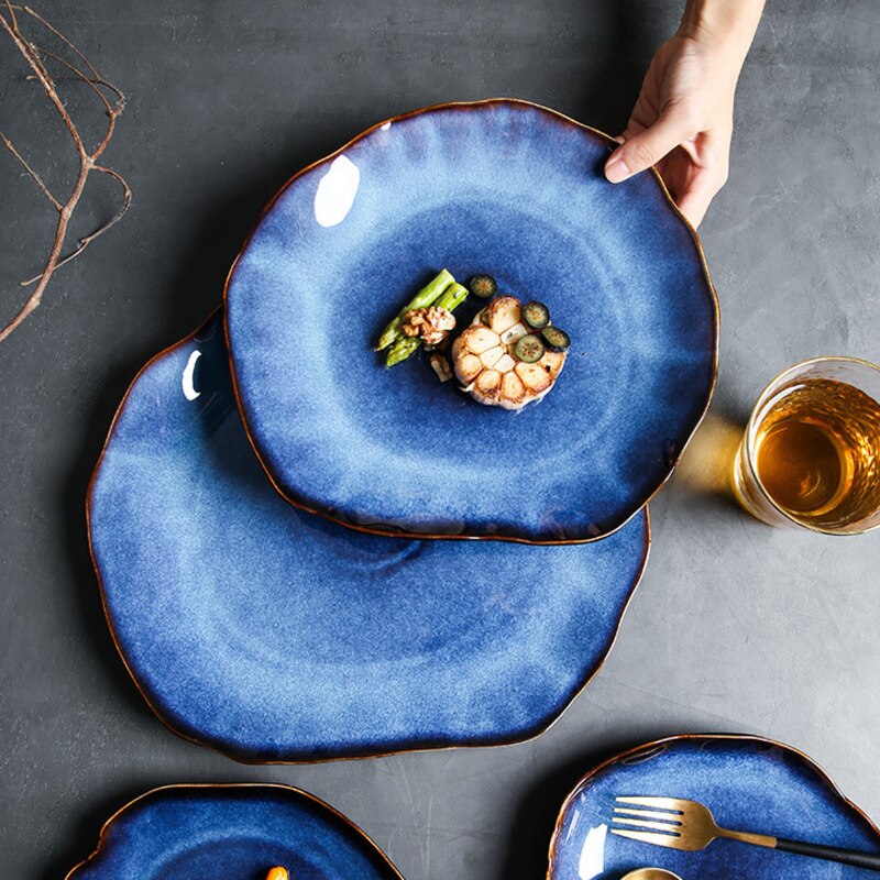 Japanese Ceramic Flat Plate Food Dish Pottery Irregular Dish Dinnerware Salad Platter Dishes Set Kitchen Decoration Tableware