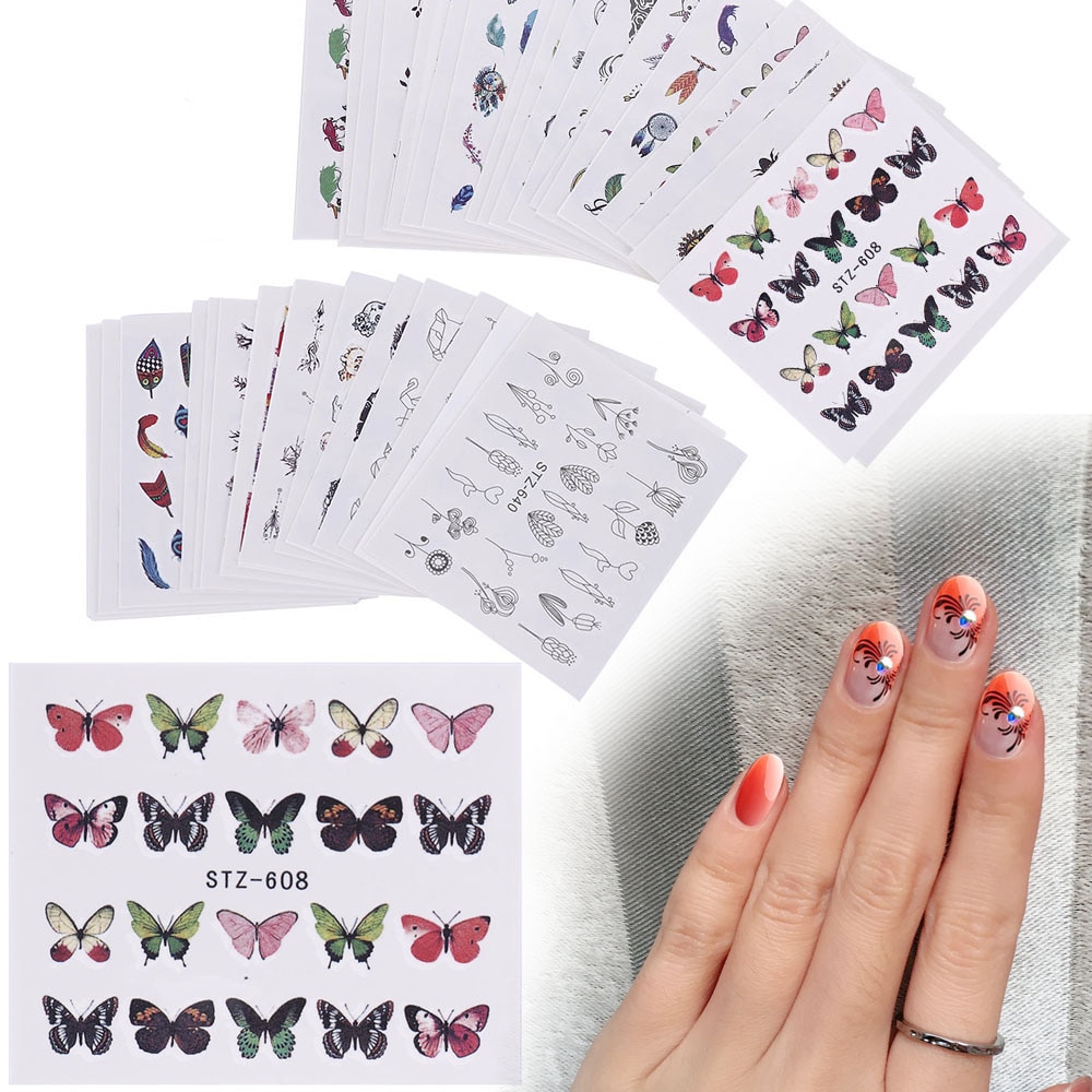 40Pcs Willekeurige Stijl Vlinder Nail Art Stickers Accessoires Zwart Patroon Dier Bloemblaadje Decoratie Ongles Voor Nail Tips